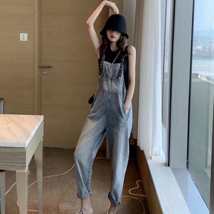 ネットレッドデニムビブパンツレディース2020新春秋バージョンルーズ&シンワイルドスリングワイドレッグパンツ 1号婦人87238343329