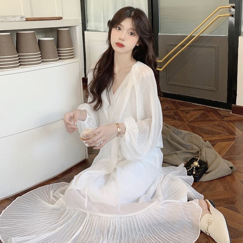 ホワイトVネックドレス サマースタイルロングスカート 夏物 試着室64220114021