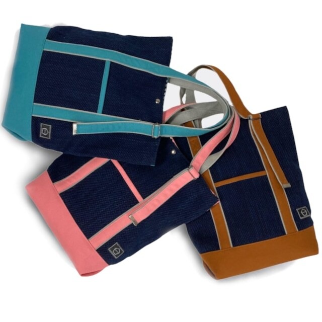 武州正藍染刺子織×カラー帆布ロングトートバッグ