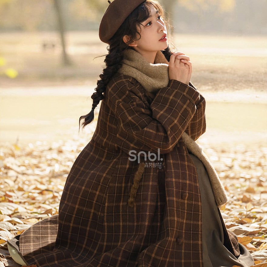 森ガール クラシカル コート チェック柄 英国風 レトロ 秋冬アウター