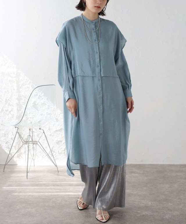 バンドカラーデザインシャツワンピース