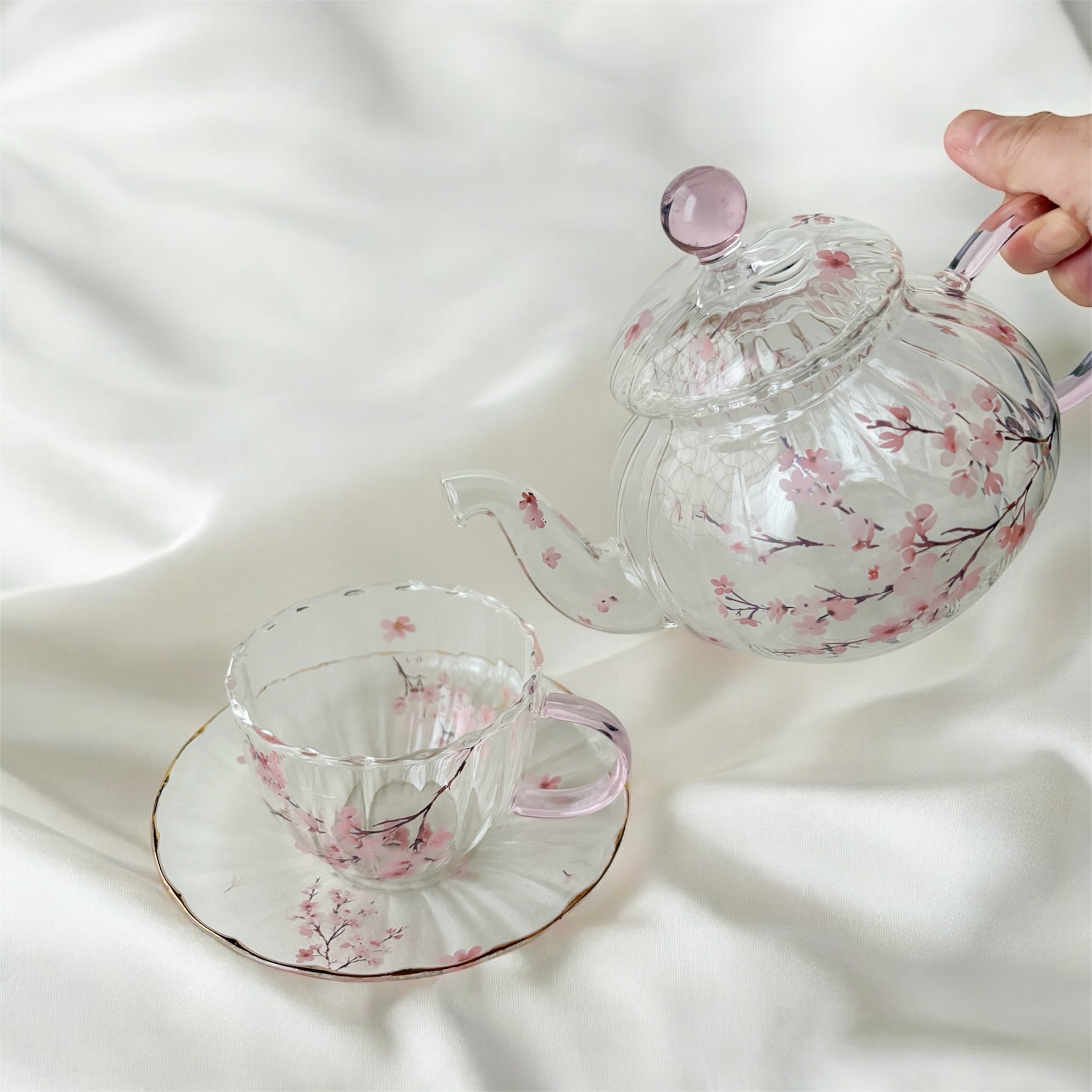ギフト】桜咲くガラスティーポット 春 ピンク色 紅茶 ハーブティー