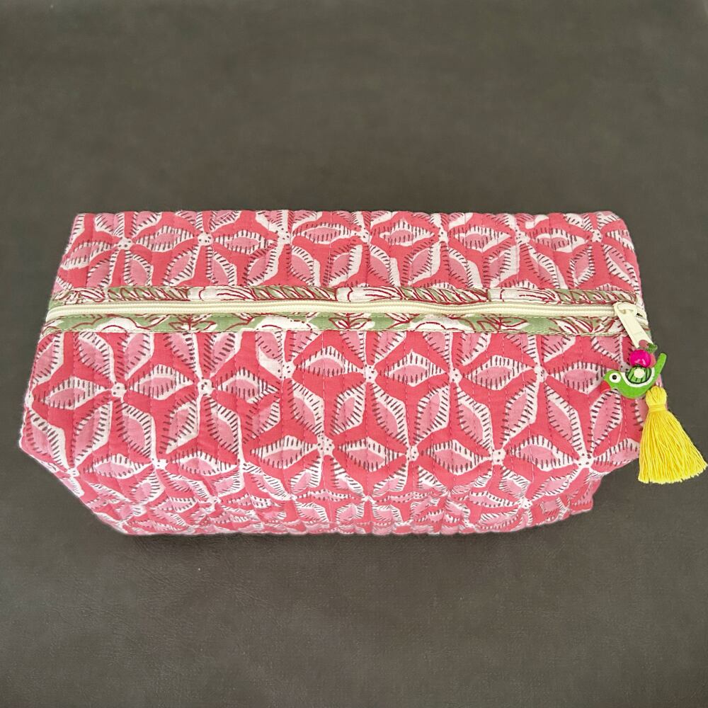 ブロックプリント トラベルポーチ L ピンク | アジアの手仕事雑貨cocowa