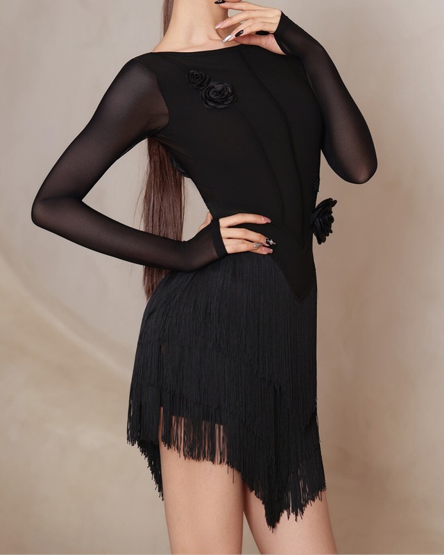 フリンジ ロングスリーブ ミニアシンメトリー ラテンドレス  ds1440
