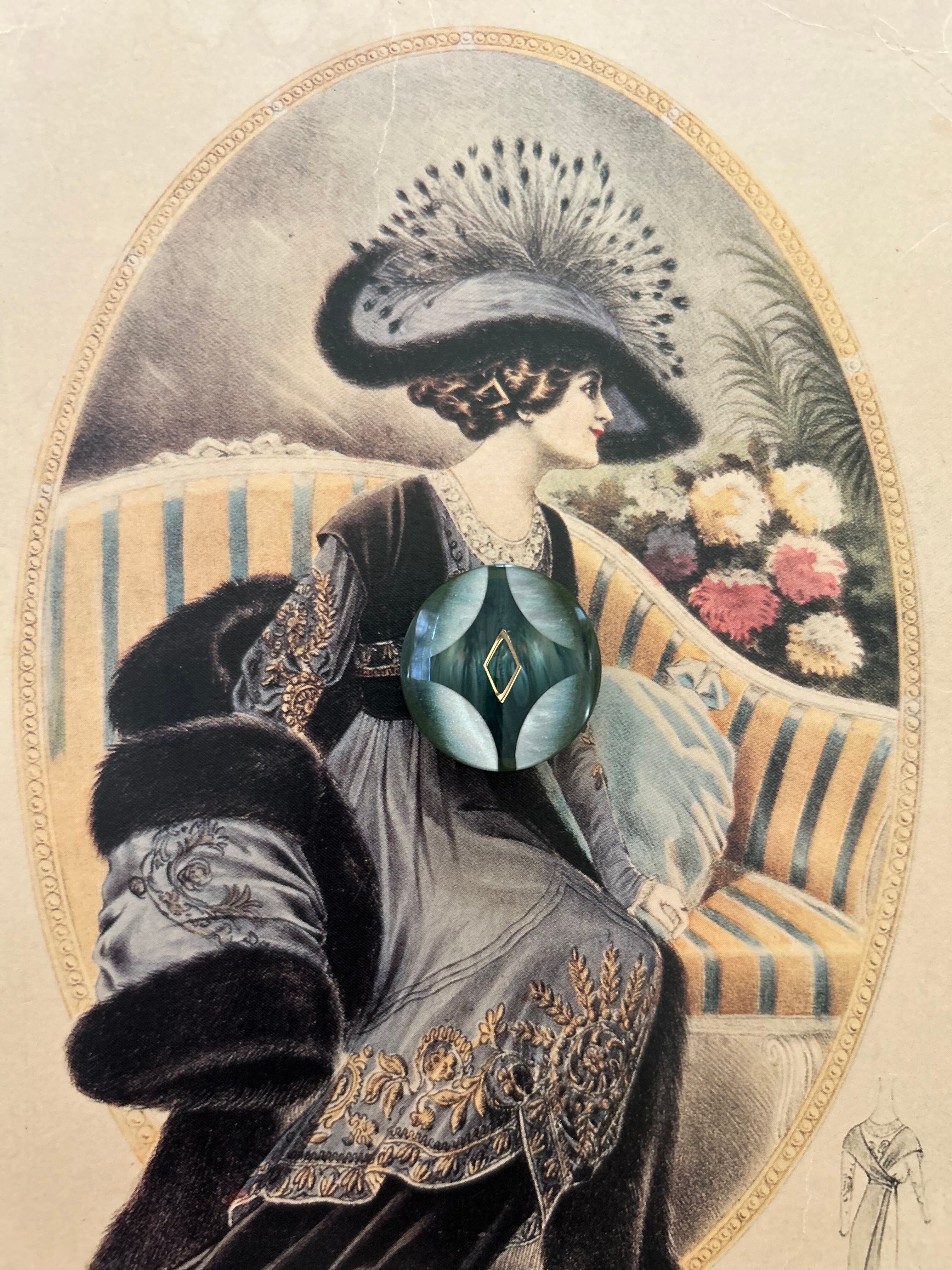 Vintage ボタン 24mm ブルーグレー シェル調 マーブルカラー プラスチックボタンレトロ アクセサリーパーツ 装飾材 カルトナージュ