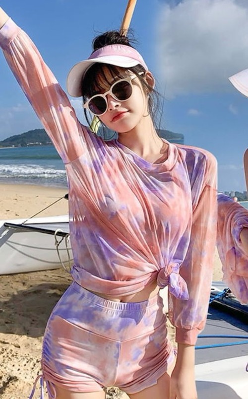 2色 タンキニ 水着 レディース 3点セット Tシャツ ラッシュガード カジュアル タイダイ シャーリング スポーティー 体型カバー 水着 セパレート 上下セット ビキニ ショートパンツ ピンク グリ