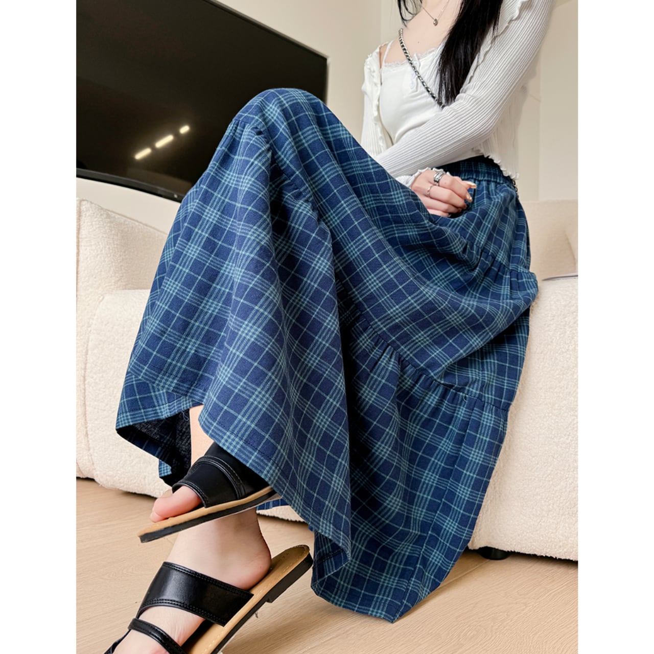 チェック柄 ウエストゴム ティアードロングスカート Ln00081