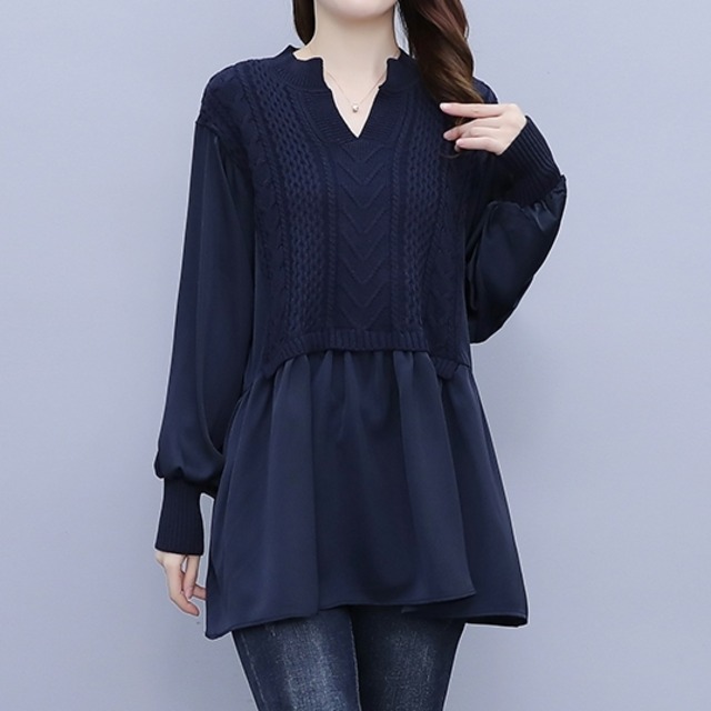 トップス レディース チュニック ベスト 袖あり 長袖 Vネック 襟なし フレア Aライン ニット セーター 異素材MIX かわいい 大人可愛い 大人カジュアル カジュアル おしゃれ レトロ 大人女子 送料無料 ラフ 無地 秋 冬 20代 30代 40代 50代 マタニティ ママ 学生 通学 デート お出かけ 公園 休日 旅行 着回し 普段使い 重ね着風 レイヤード風 L XL 2XL 3XL 4XL 5XL 大きいサイズ 大きめ ビッグサイズ ゆったり 体型カバー 黒 ブラック 紺 ネイビー 人気