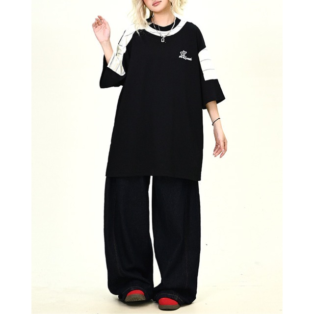 asymmetrical border design short sleeve tee　アシメボーダーデザイン半袖ティー　J1061