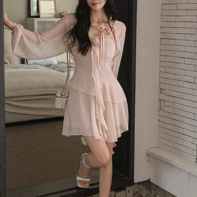 シフォンラッフルローズキャミワンピ&ボレロカーデセット