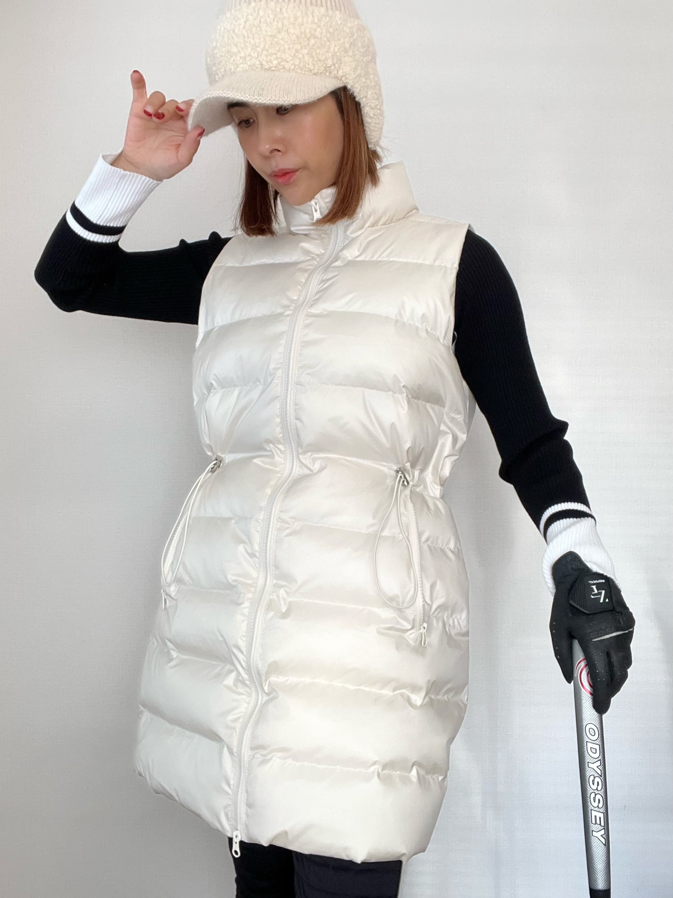 *即納*Half long down vest(Ivory / Black)