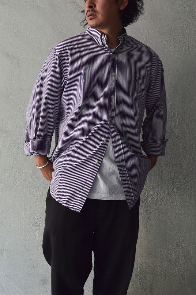 Polo Ralph Lauren 90's Cotton Broad Stripe Shirt Purple×White Green Pony Classic Fit ポロラルフローレン 90s後期 シャツ ストライプ