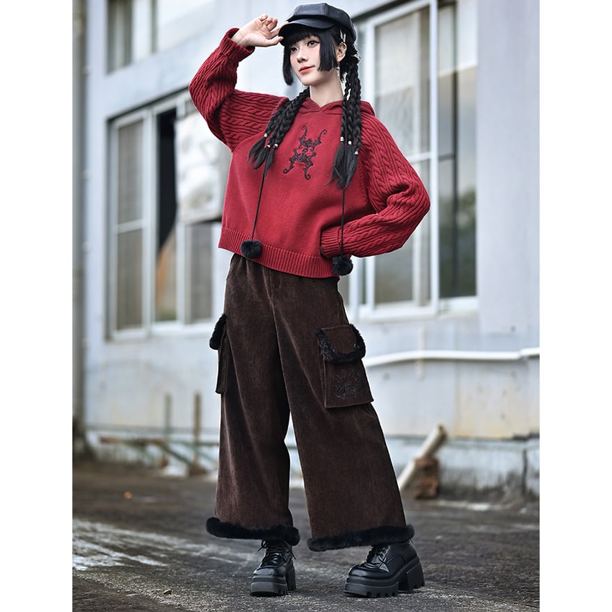 中華ゴシック系 刺繍 ワイドパンツ 袴パンツ 厚手 古怪舎