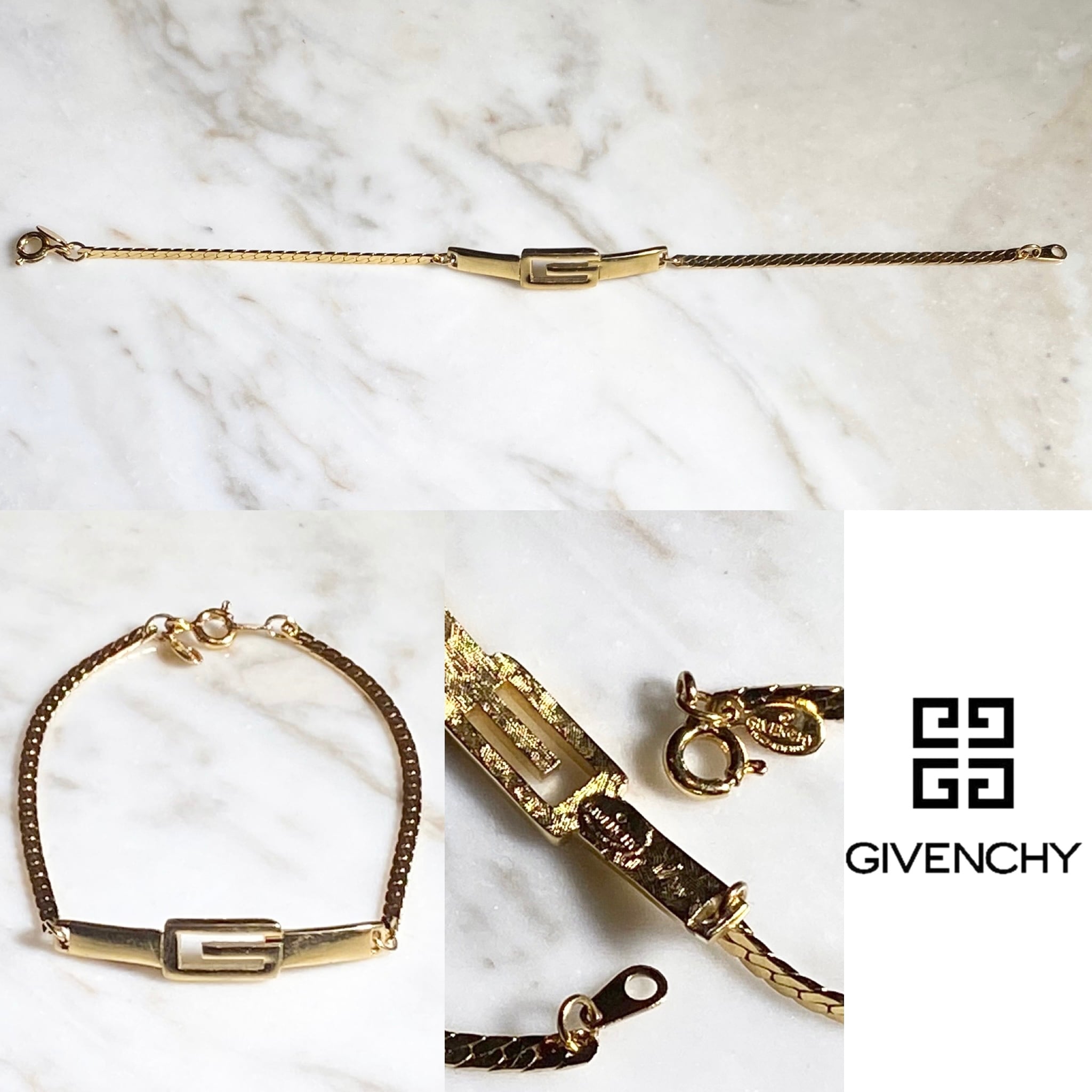 vintage GIVENCHY gold color metal “G” plate snake chain bracelet 