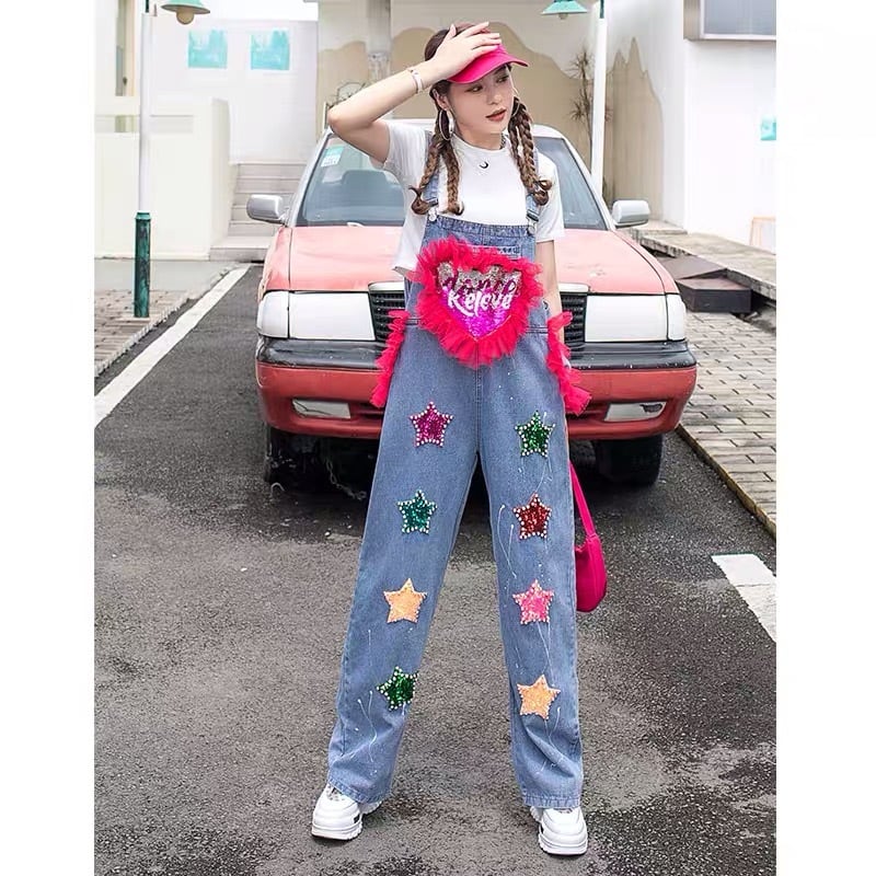 デニムパンツ ☆ 星 スター ピンク 黄色 オーバーオール ワンピース