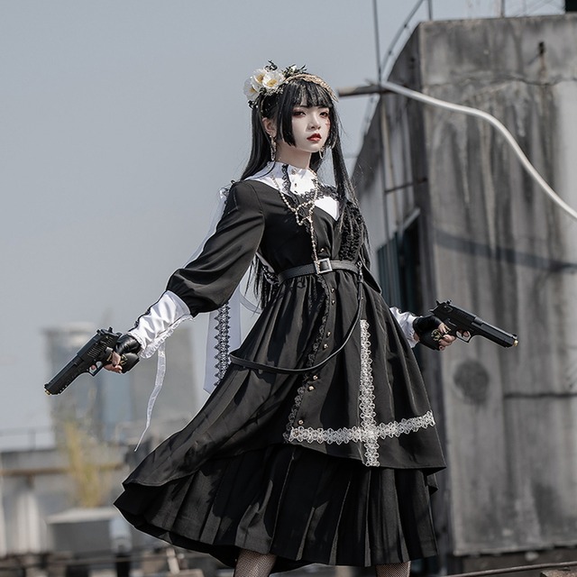 ゴスロリ通販 With U ゴシック ロリィタ ドレス ワンピ ミリロリ ベルト付き 病み可愛い 地獄少女 ハイウエスト レイヤード ロング丈