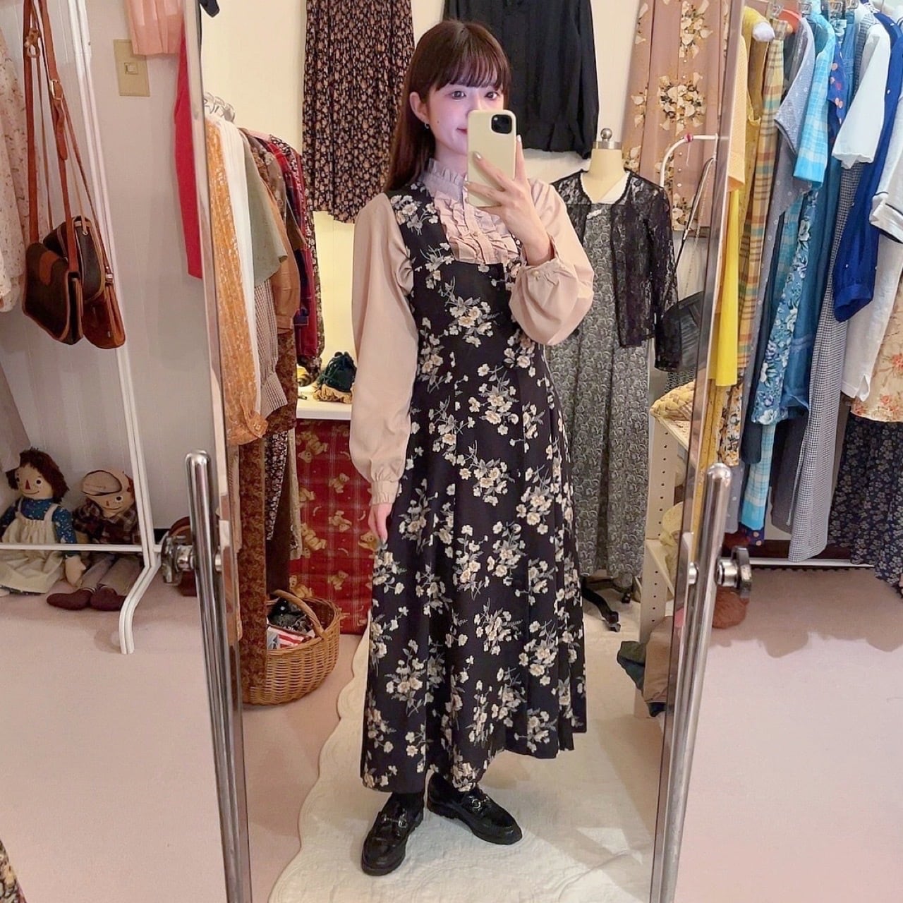 black flower front button jumper skirt