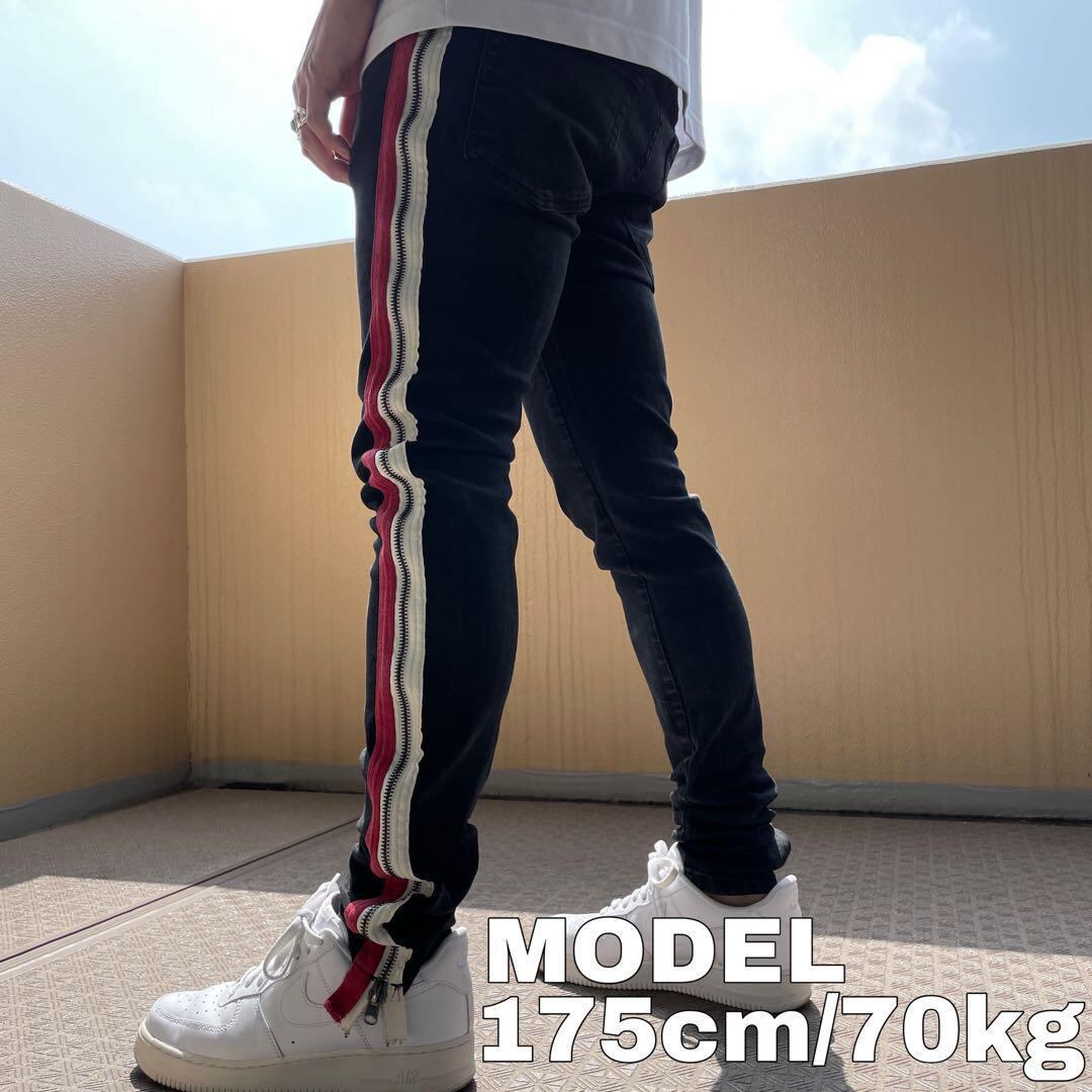 MNML トラックパンツ スキニー サイドライン 裾ジップファスナー付き 赤×黒
