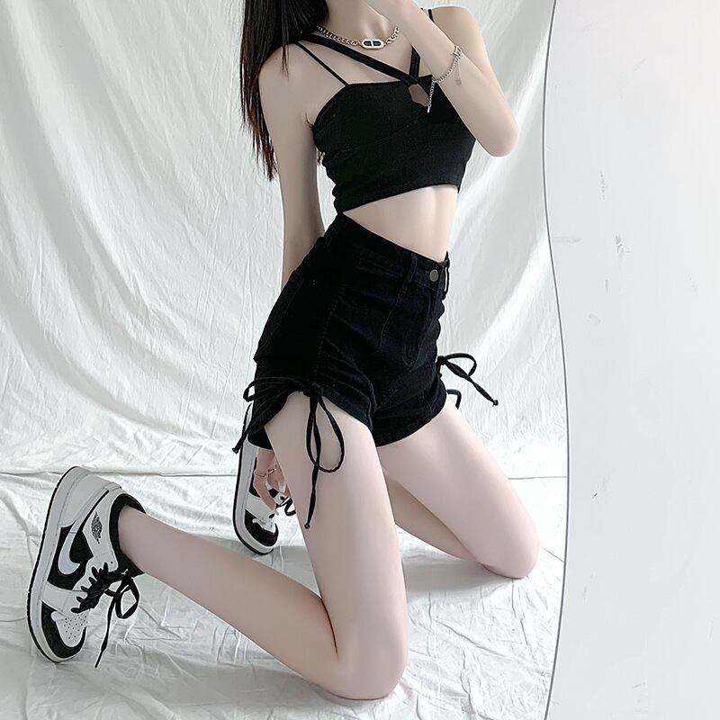 【新作】【送料無料】 純粋な欲望巾着デニムショーツ女性の夏のハイウエスト痩身セクシーなホットパンツ 2023 新しい A ラインパンツ 0364525719073