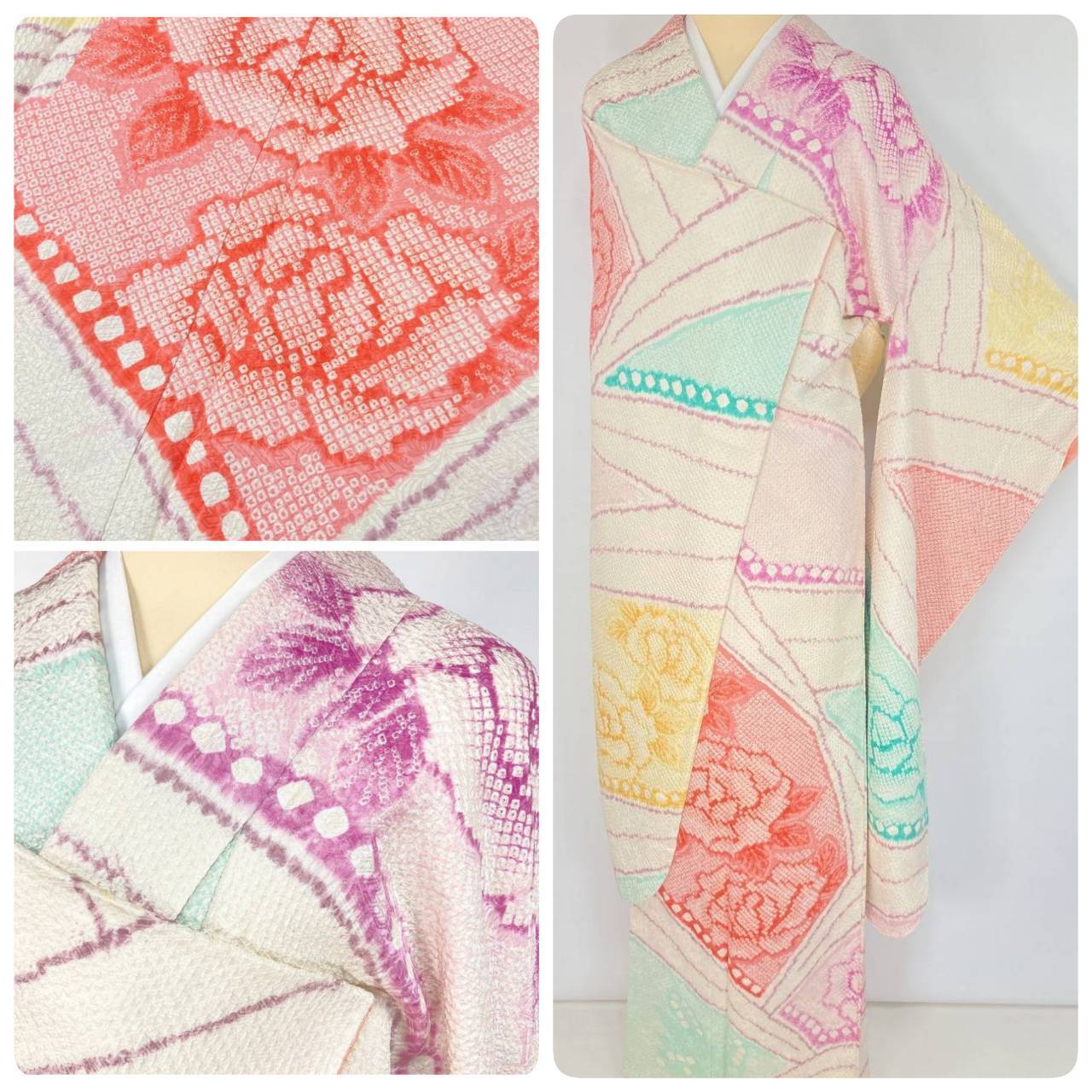 有松絞り【浴衣】花 夏着物 綿 有松鳴海絞り 白 水色 ピンク 102