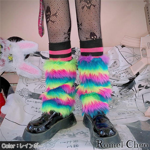 お支払い確認後日以内発送 Romelcheo 原宿系 シャギー レッグウォーマー フェイクファー レディース 白 黒 虹色 豹柄 ヒョウ柄 原宿系 青文字系 ガーリー ロリータ Y2k レトロ 個性派 派手 カジュアル ファッション かわいい ゆめかわ ふわふわ モコモコ 冷え対策