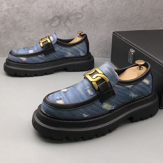 【予約販売】ローファー メンズ シューズ デニム生地 厚底 靴 デザイン フォーマル モード ベージュ/ブルー/ブラック クラシカル お洒落 カジュアル シック パーティー 結婚式 24cm/24.5cm/25cm/25.5cm/26cm/26.5cm