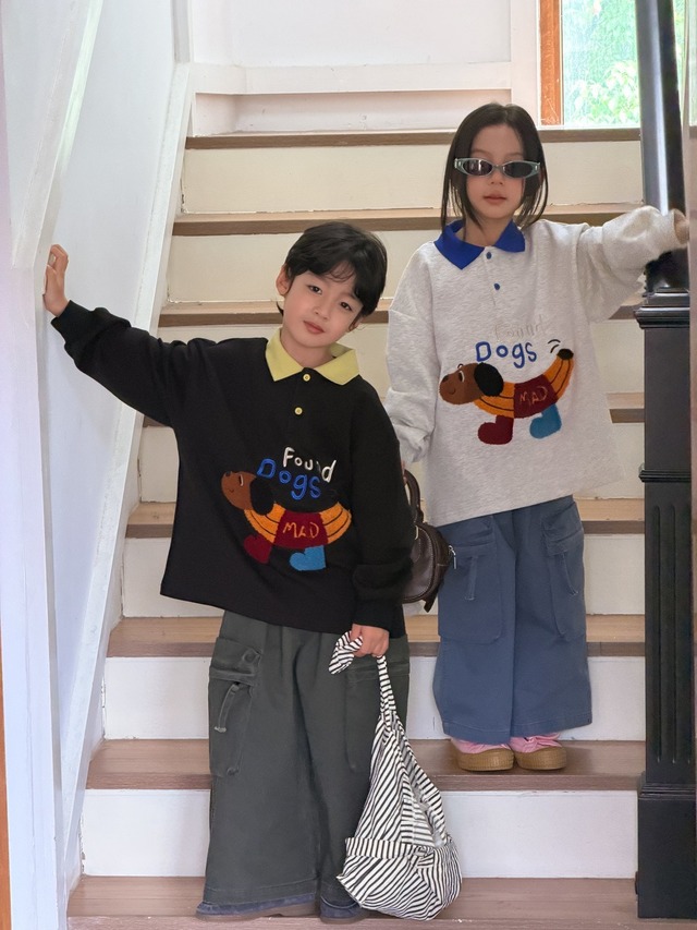 バナナドッグポロスウェット（2色展開）KMAI｜トップス プルオーバー｜小学生 ジュニア対応｜通学 普段着｜韓国子供服｜男の子 女の子｜100-160cm｜2026秋服 ［取寄］