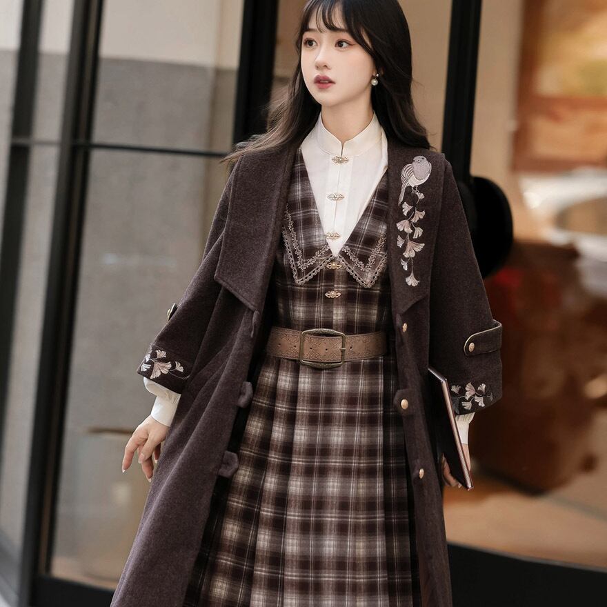 サブカル 服 地雷系 通販 クラロリ 森ガール 3点セット セットアップ コート アウター ワンピース 長袖シャツ スタンドカラー チェック柄 秋冬服 普段着使い 大人増し