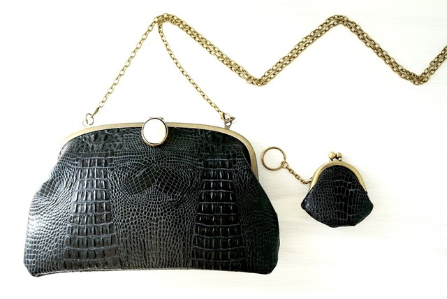 SET 2way crocodile pattern gamaguchi bag + coin case handmade ● 手作りクロコダイルアンティークがま口ショルダーバッグクラッチバッグミニポーチコインケースセットハンドメイド