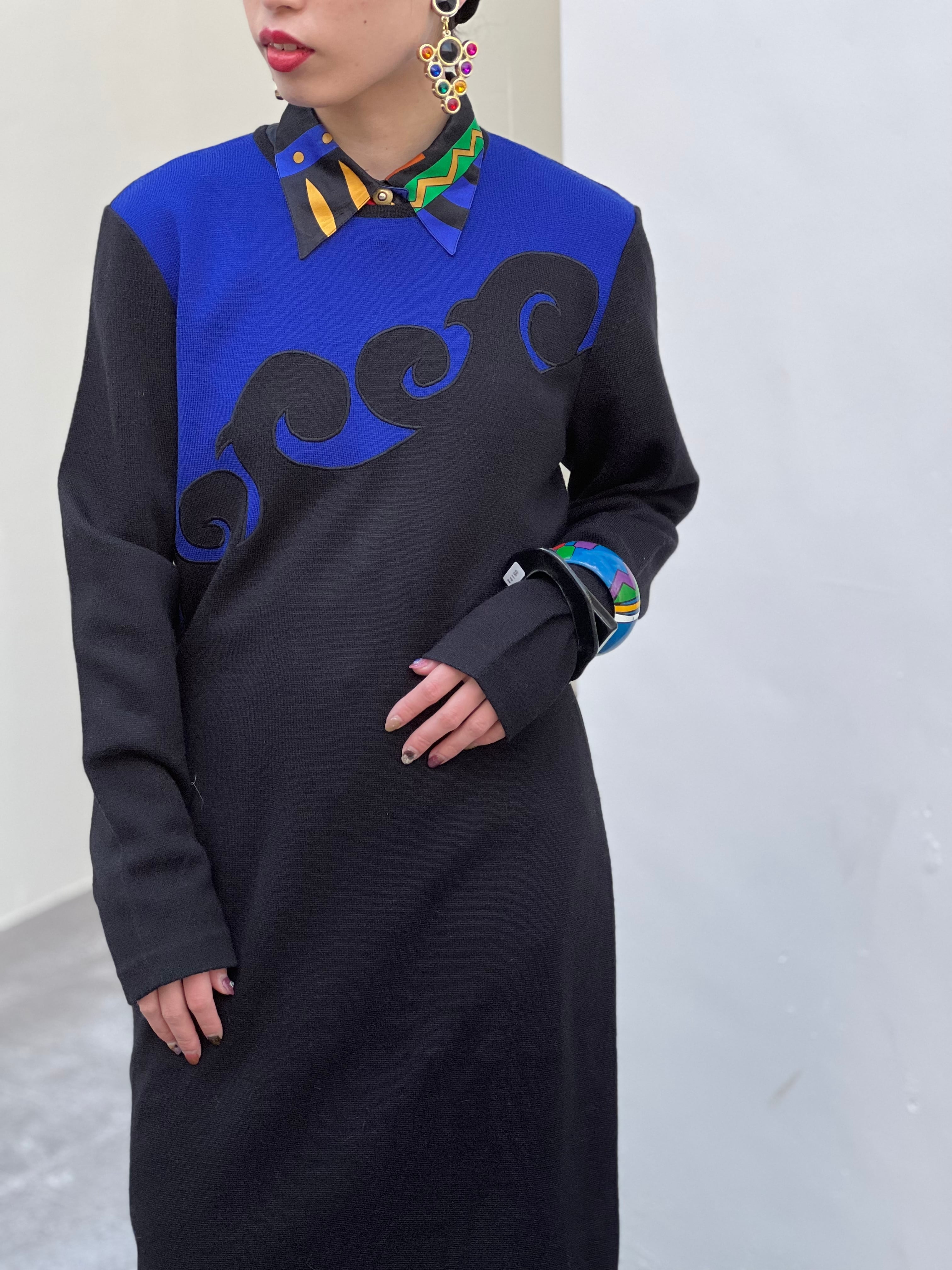 80s black × blue bi-color knit dress ( ヴィンテージ ブラック