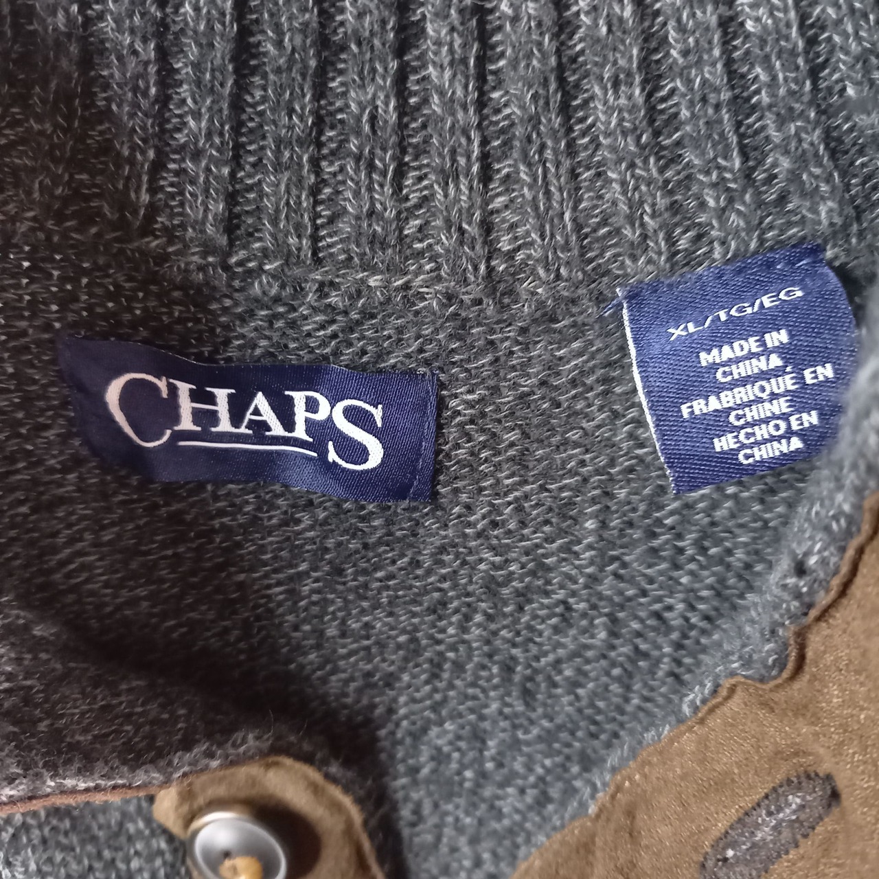 チャップス　ハーフボタン　コットンセーター　エルボーパッチ　刺繍ロゴ　グレー　XL