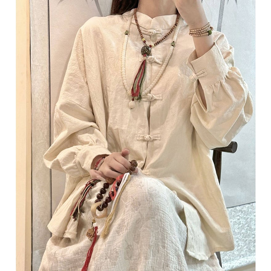 サブカル系の中華風結びボタン付きスタンドカラー長袖シャツ|天使と悪魔