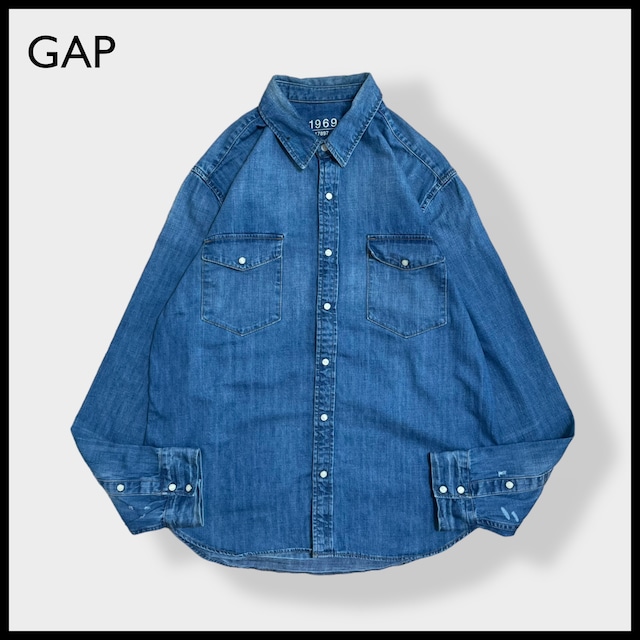 【GAP】デニムシャツ 長袖シャツ フラップポケット 雰囲気系 ダメージ ギャップ XL ビッグサイズ US古着