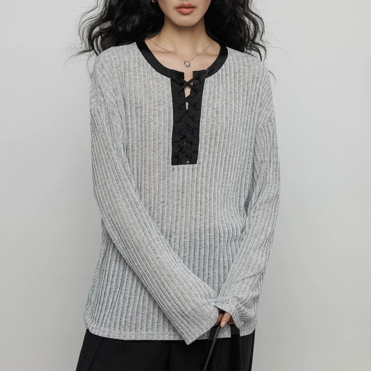 胸元レースアップ Vネックシアーリブニット 00298・画像8
