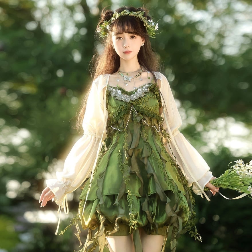 森ロリ フェアリー系 ガーリーセットアップ 妖精風グリーン ボレロ付き