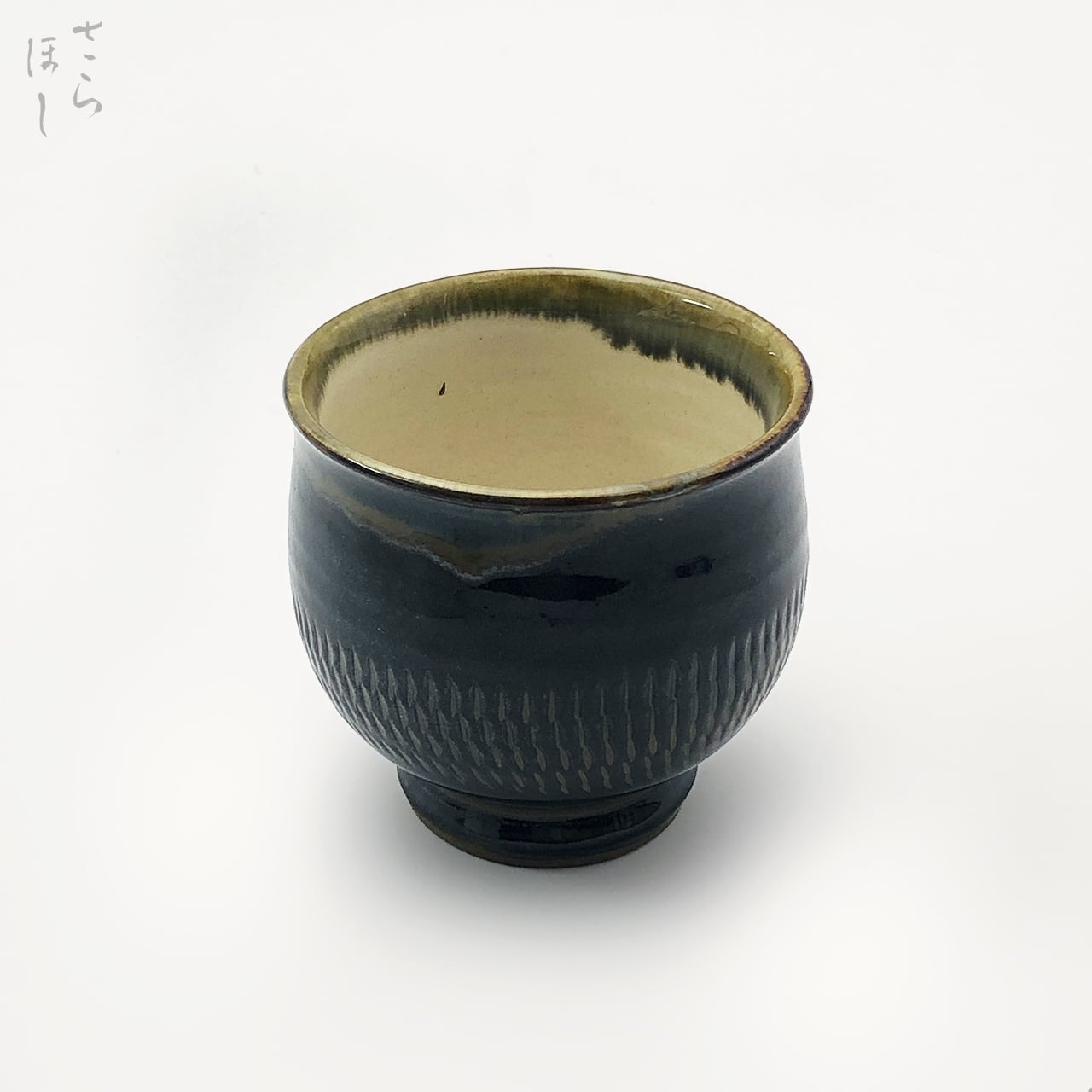 小鹿田焼 小袋窯 丸湯呑 小 飛びかんな 真黒 口径約8cm 陶器 和食器 民