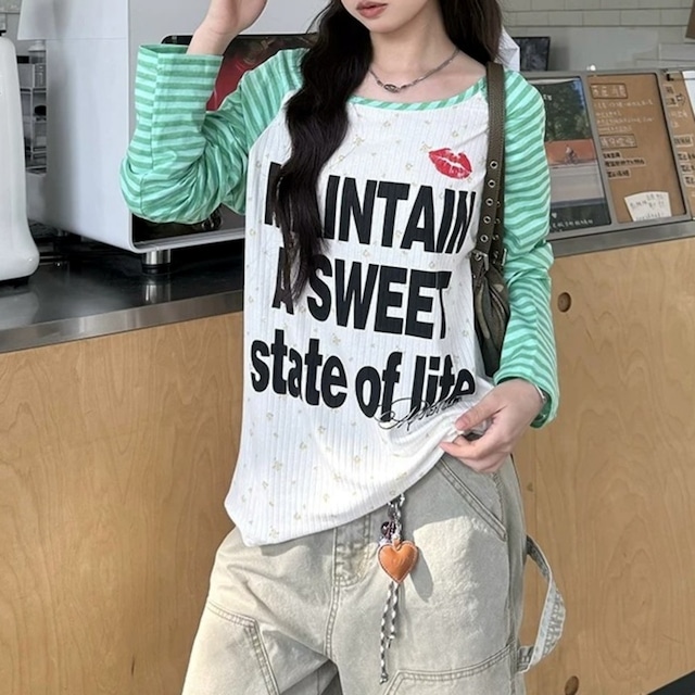 ボーダーラグランリッププリントロングスリーブTシャツ 2col R02471