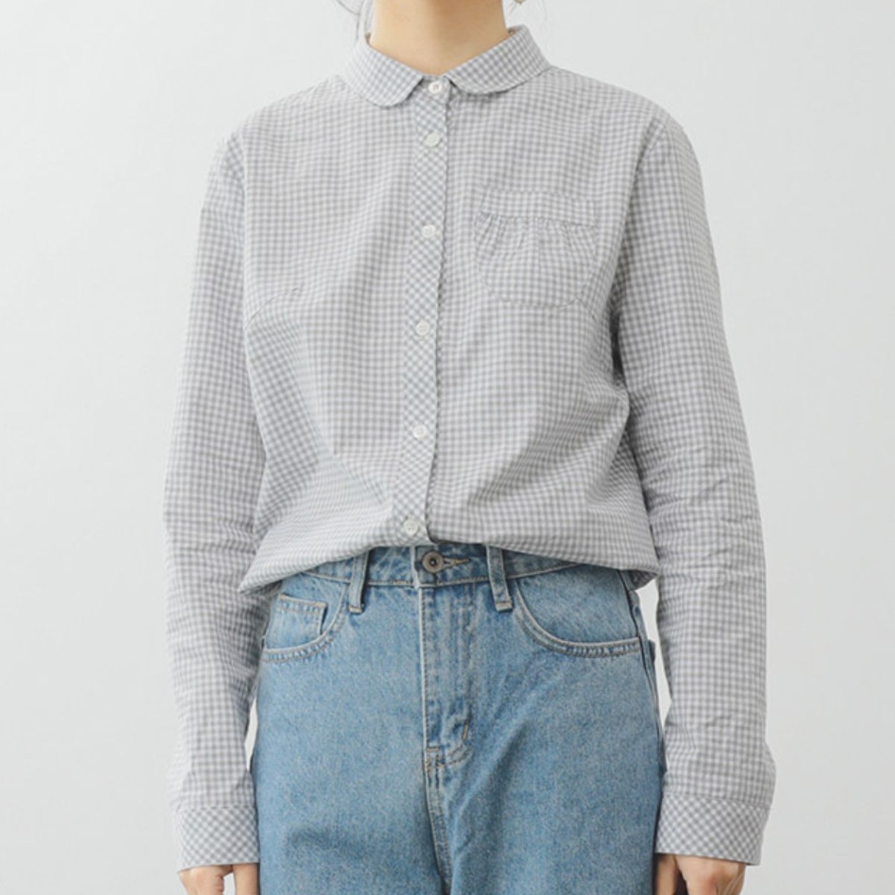 丸襟 長袖 ヒップ丈 チェック柄 シャツ   F0044 - 1