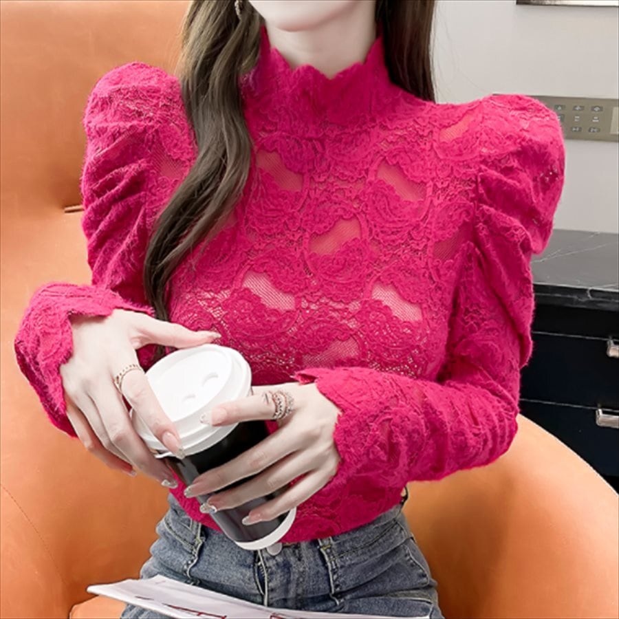 送料無料】 レースブラウス 長袖 エレガント系 きれいめ ハイネック