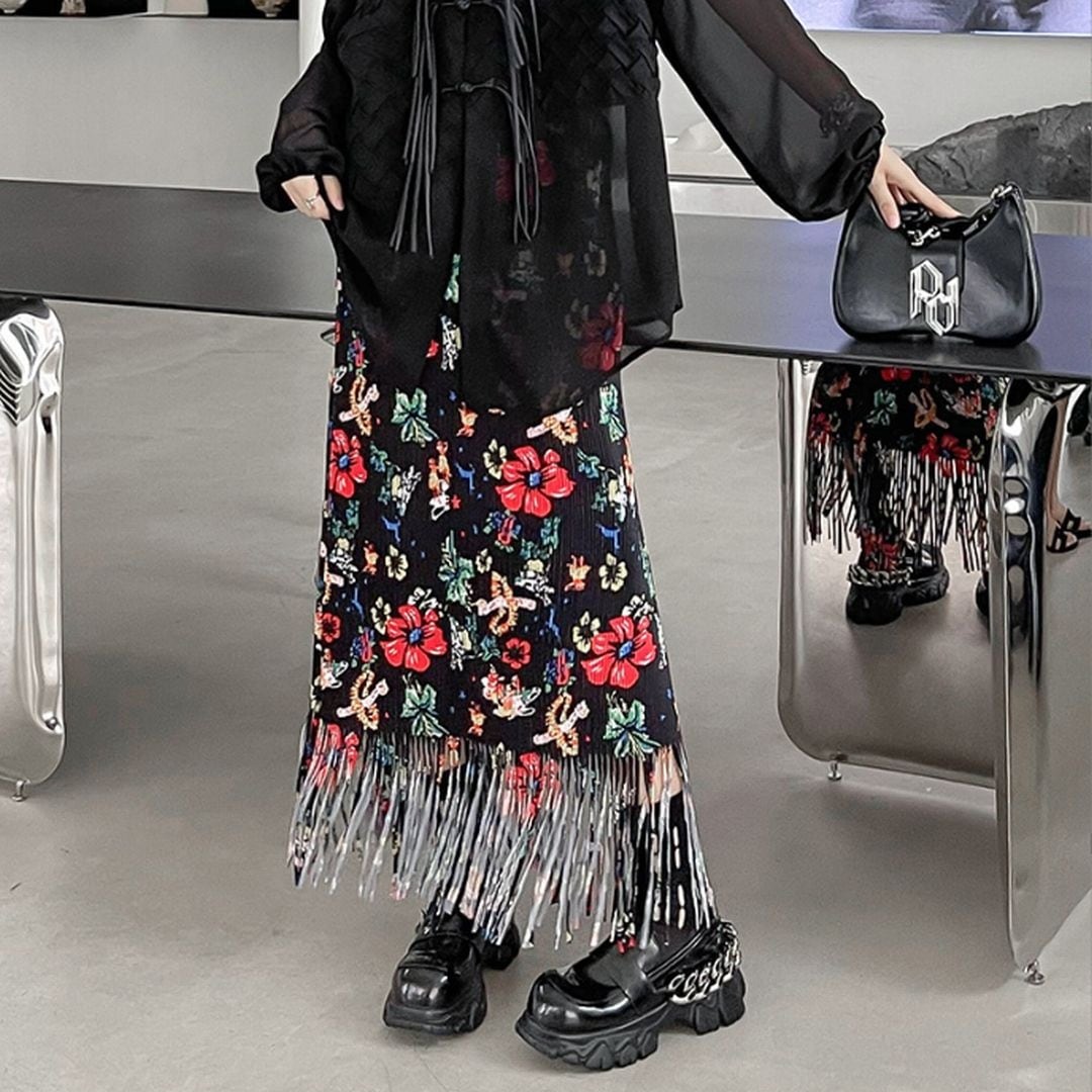 花柄フリンジタイトロングスカート SK0132