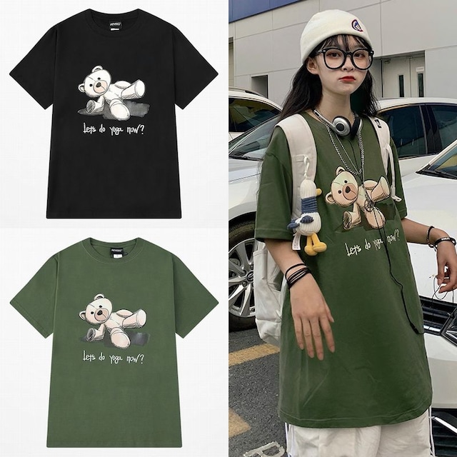 ユニセックス Tシャツ 半袖 メンズ レディース クマちゃん ぬいぐるみ プリント オーバーサイズ 大きいサイズ ルーズ ストリート TBN-624097388123