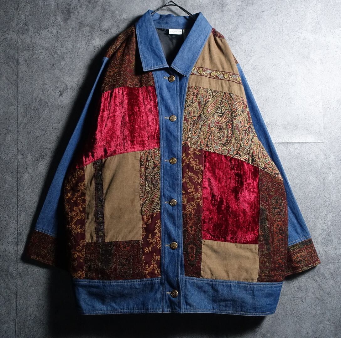 “WHITE STAG” Jacquard x Velor x Corduroy Patchwork Design Denim Jacket