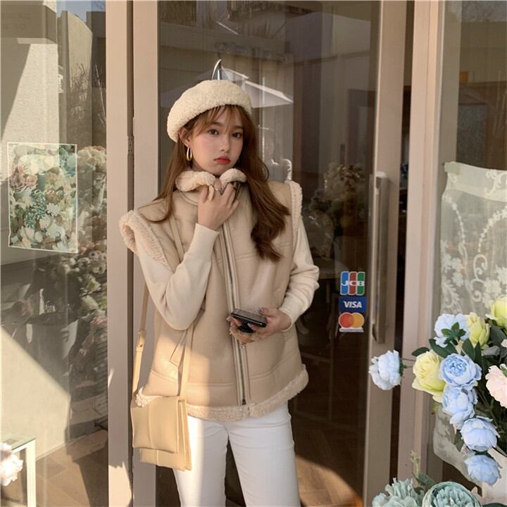 暖かい 厚手 裏起毛 子羊の毛 袖なし レディース 短いスタイル ベスト ファー