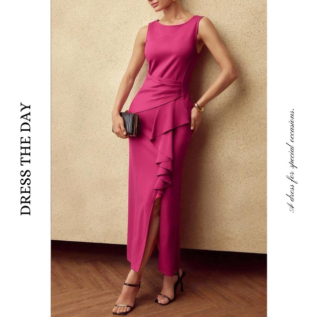 フロントフリルスリットロングドレス W0125