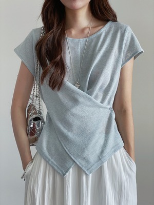 カシュクール フレンチスリーブ クロス Tシャツ レディース トップス カットソー プルオーバー ミディアム 半袖 ラウンドネック 襟なし アシンメトリー ボタン ウエスト細見え かわいい 大人可愛い きれいめ シンプル カジュアル 上品 おしゃれ こなれ感 無地 春 夏 秋 ママ 通勤 学生 学校 通学 デート お出かけ 旅行 公園 女子会 休日 ショッピング カフェ 韓国 オルチャン 楽ちん 体型カバー 普段使い 着回し フリーサイズ オフホワイト ブルー