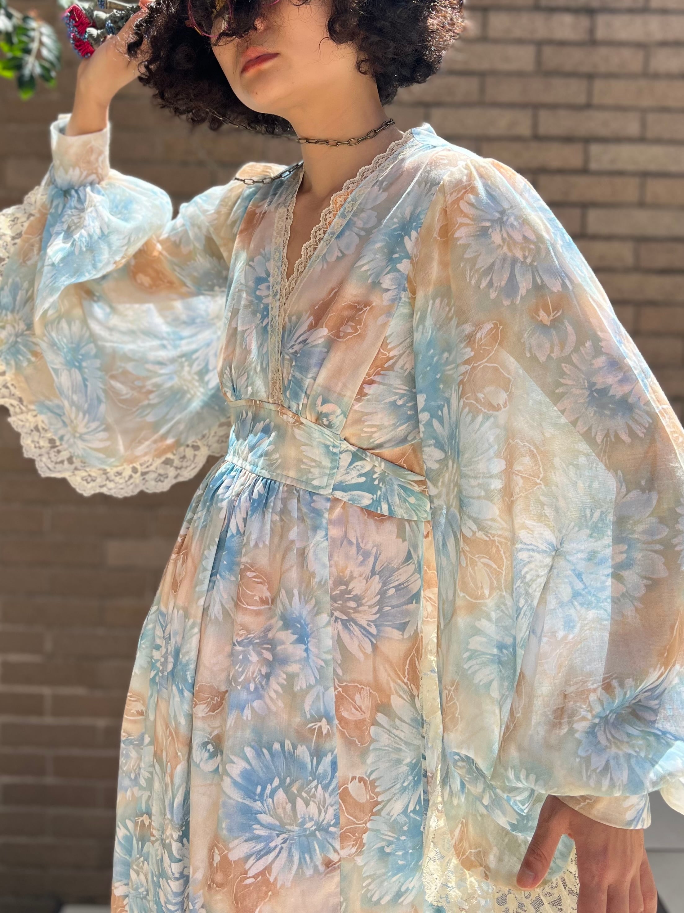 アンティーク ビンテージ 70s 花柄 ワンピース レース ノースリーブ ドレス 70年代 ビンテージ 花柄 レース ワンピース レディース 古着 70s