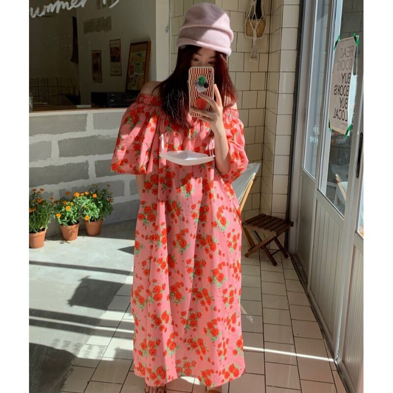 フローラルドレス サマー薄手ルーズスカート ピンク 大人ガーリー スウィート キュート カジュアル 夏物 花柄 スクウェア YY-ファッション53675450302