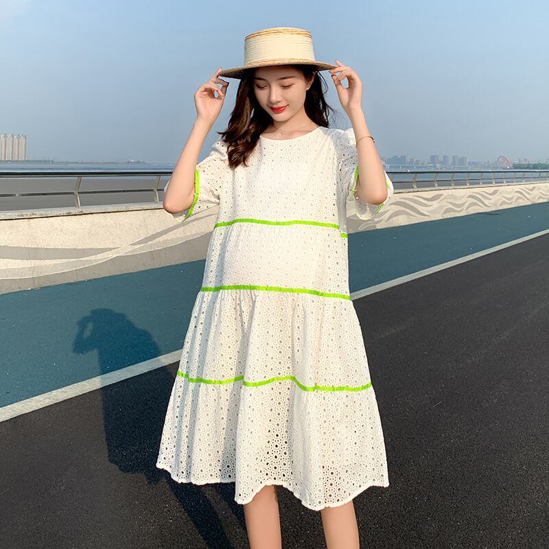 【新作】【送料無料】 マタニティウェア2020夏の新しい綿とリネンの中空ステッチルーズドレス小さな新鮮なミドル丈のマタニティドレス-アリババ コットン サマー 夏物 expec225486095899