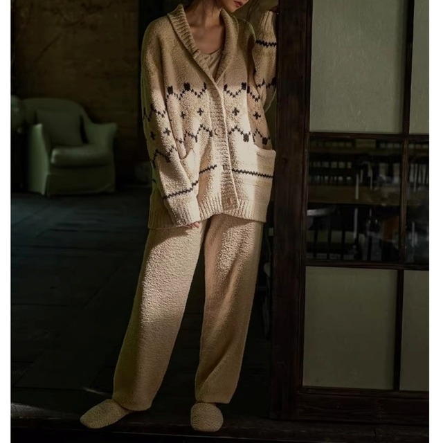 訳ありSALE【M-XL】warm geometric cardigan style pajamas p1592