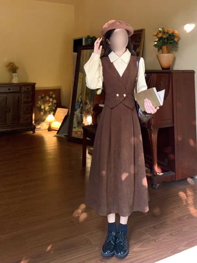 クラシカル配色ジャンパースカート風ロングワンピース